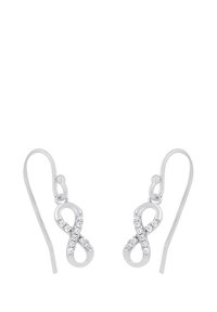 Pendientes de plata de ley con forma de símbolos de infinito, adornados con pequeños cristales transparentes y presentan un diseño de gancho para un uso seguro.