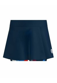 Skort color azul marino hecho de una tela suave con un diseño acampanado. Presenta una cinturilla ancha y paneles de colores que asoman por la parte inferior.