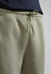 Light green sweatpants made of soft fabric, featuring ribbed waistband, drawstring with metal tips, and a relaxed fit.