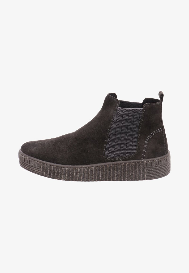 Schwarze Wildleder-Ankle-Boots mit elastischen seitlichen Einsätzen, gerillter Gummisohle und kontrastierenden Nähdetails. Minimalistisches Design und glatte Textur.