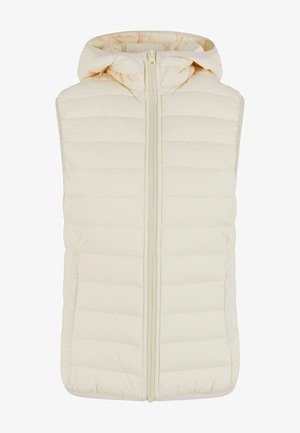 Beige kõrvitsa vest kapuutsiga, vertikaalse lukuga ja horisontaalse õmblemise tekstuuriga. Ilma varrukateta ja siledast voodrist.