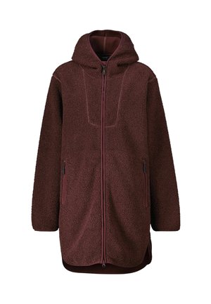 Burgundy fleece jacket with a hood, zip front, two side pockets, and a textured exterior. Features a longer length and decorative seams.