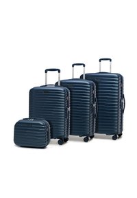 Set di valigie rigide navy, composto da quattro pezzi di diverse dimensioni. Texture a righe, manici telescopici e ruote girevoli. Design resistente.