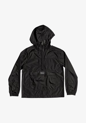 Veste légère noire avec capuche, dotée d'un motif à carreaux, de poignets élastiques, d'une fermeture éclair mi-hauteur à l'avant et d'une grande poche frontale.