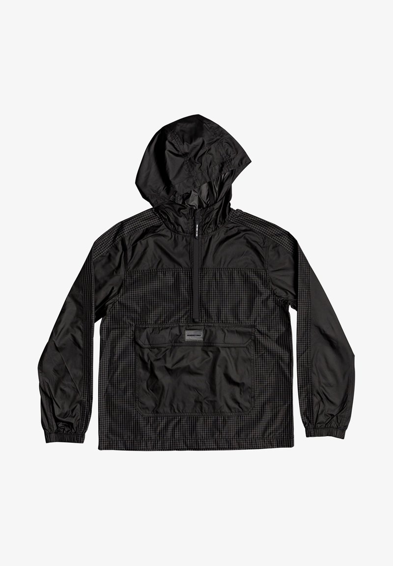 Veste légère noire avec capuche, dotée d'un motif à carreaux, de poignets élastiques, d'une fermeture éclair mi-hauteur à l'avant et d'une grande poche frontale.