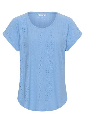 Light blue short-sleeve blouse with round neckline and eyelet embroidery pattern throughout the fabric.