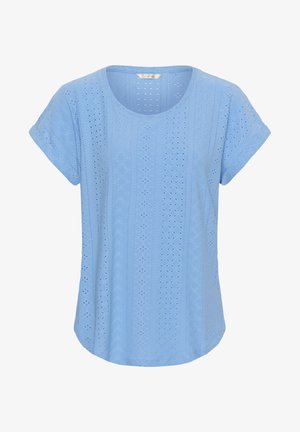 Světle modrá krátká halenka s kulatým výstřihem a výšivkou se vzorem děr po celé látce.