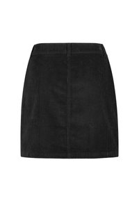 Schwarzer Cordminirock mit geradem Schnitt, strukturierten Rillen und einem Bund. Das Design ist schlicht, ohne sichtbare Hardware oder Akzente.