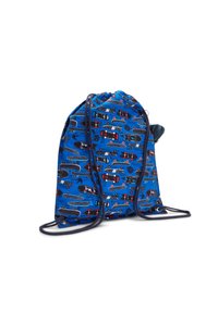 Zaino a cordoncino in tessuto blu brillante con un motivo di skateboard, auto ed elementi di gioco. Accentuato con spallacci scuri.