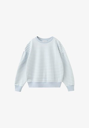 Svetlo modra in bela majica s horizontalnimi črtami z dolgimi rokavi, rebrastimi manšetami, spodnjim robom in okroglim izrezom, na belem ozadju.