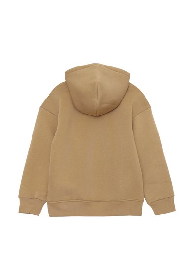 Felpa con cappuccio marrone dal tessuto morbido. Presenta un cappuccio arrotondato e polsini a costine. Design semplice senza ulteriori motivi o dettagli.