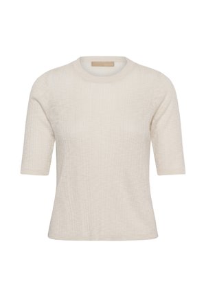 Krém színű rövid ujjú kötött felső kerek nyakkivágással és finom texturált mintázattal, laza szabásra tervezve.
