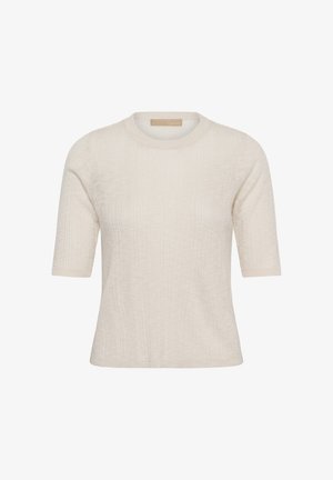 Krém színű rövid ujjú kötött felső kerek nyakkivágással és finom texturált mintázattal, laza szabásra tervezve.
