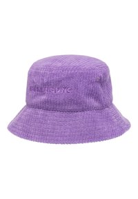 Lilla kordfløyel bøttehatt med brodert logo, teksturert stoff og bred, nedoverhellende brem. Myk og uformell design.