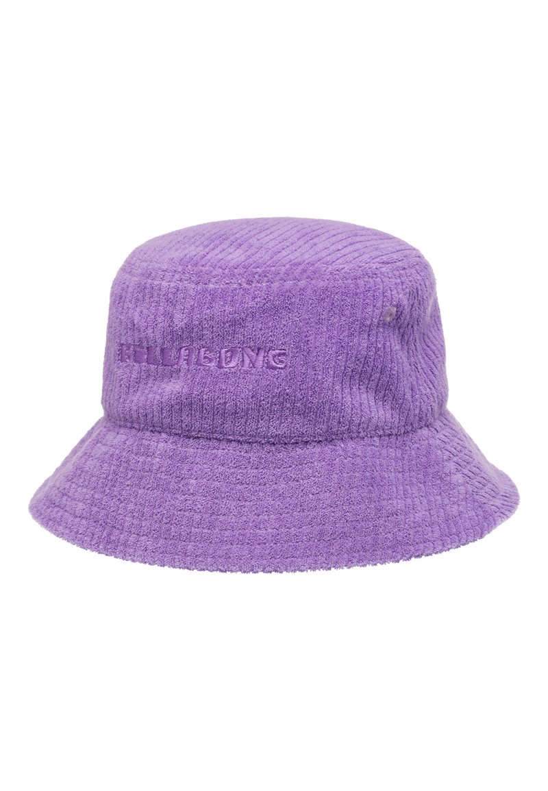 Lilla kordfløyel bøttehatt med brodert logo, teksturert stoff og bred, nedoverhellende brem. Myk og uformell design.