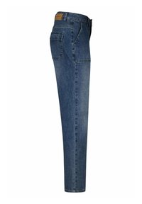 Denim jeans, recht model, medium blauwe wassing, vijf-pocket ontwerp, subtiele stiksels, leren label op de tailleband, gladde textuur.