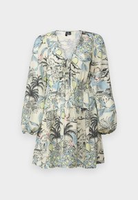 Φόρεμα κοντομάνικο από ελαφρύ ύφασμα, με πολύχρωμο τροπι�κό σχέδιο που περιλαμβάνει κτίρια, φρούτα και πουλιά. Σχεδίαση με V-λαιμό και tiered τελειώματα.