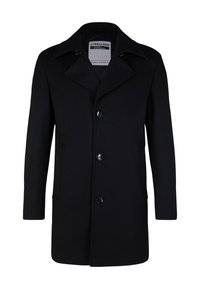 Zwarte jas met een klassieke kraag, een enkellaags ontwerp, vijf knopen en zijkantenzakken. Gemaakt van een gestructureerde stof met een getailleerde pasvorm.