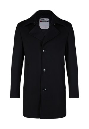 Schwarzer Mantel mit klassischem Kragen, einreihigem Design, fünf Knöpfen und Seitentaschen. Hergestellt aus strukturiertem Stoff mit taillierter Passform.
