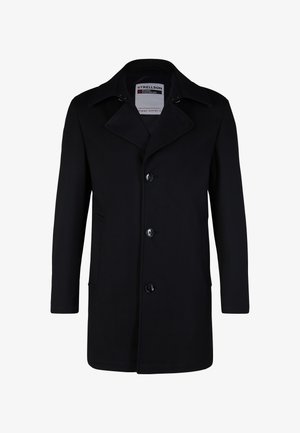 Cappotto nero con collo classico, design monopetto, cinque bottoni e tasche laterali. Realizzato in tessuto testurizzato con vestibilità sartoriale.