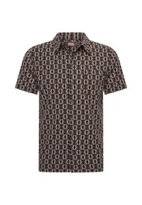 Korte mouwen overhemd met knopen in een zwart en beige geometrisch patroon dat herhalende hexagonale vormen vertoont.