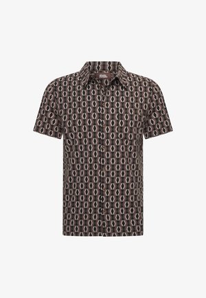 Korte mouwen overhemd met knopen in een zwart en beige geometrisch patroon dat herhalende hexagonale vormen vertoont.