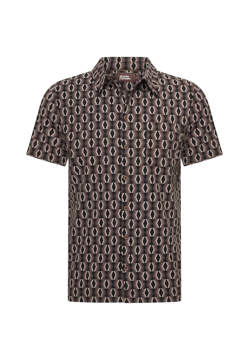 Korte mouwen overhemd met knopen in een zwart en beige geometrisch patroon dat herhalende hexagonale vormen vertoont.