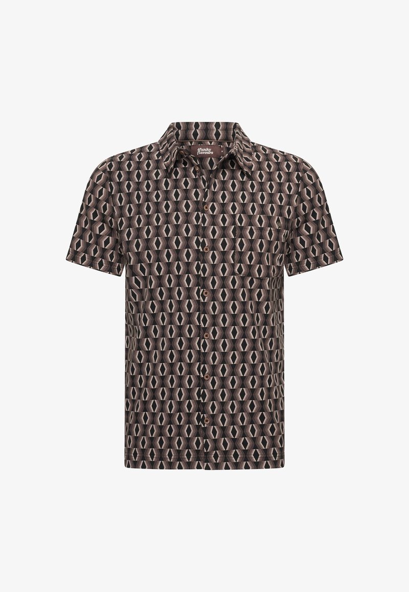 Korte mouwen overhemd met knopen in een zwart en beige geometrisch patroon dat herhalende hexagonale vormen vertoont.