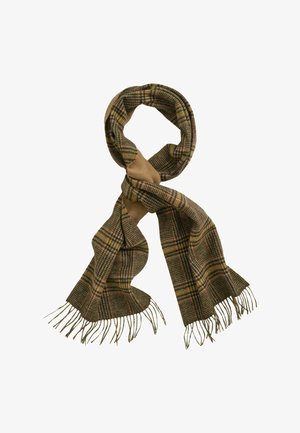 Sciarpa di lana a quadri marrone e beige con estremità frangiate, annodata in modo lasco su uno sfondo bianco.
