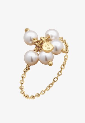 Goldkettchen-Armband mit fünf großen weißen Perlen und einem kleinen Goldanhänger mit der Gravur "925 Ag".