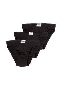 Set di tre slip in cotone nero, con vita elastica, arricciature laterali e una texture liscia. Etichette visibili sulla vita.