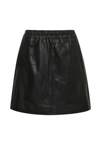 Svart läder minikjol med elastisk midja, slät textur och en enkel, ren design. Inga synliga mönster eller metalldelar.