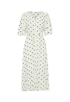 Vit midiklänning med svarta prickar, v-ringning, korta puffärmar, knytliv och knappringning fram.