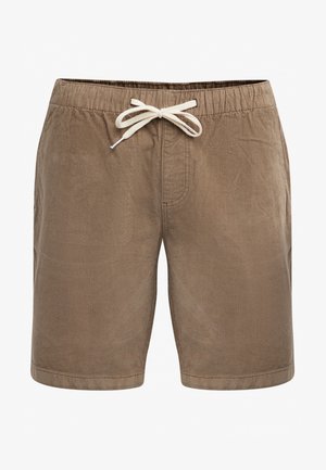 Pantaloni corti in corduroy marroni con vita elastica,cordoncino di regolazione e dettagli cuciti; presenta tasche laterali e un taglio dritto.