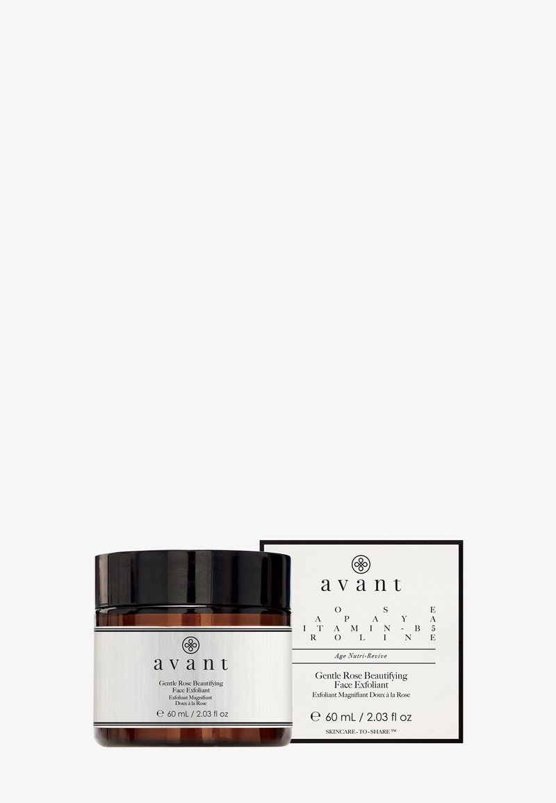 Pot et boîte de l'Avant Gentle Rose Beautifying Face Exfoliant, 60 ml, avec des étiquettes blanches minimalistes portant un texte noir et un logo sur un fond uni.