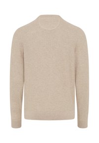 Beiger Pullover mit einem Rundhalsausschnitt, langen Ärmeln und geripptem Saum. Strukturierter Strickstoff mit weichem Aussehen, ohne sichtbare Muster oder Akzente.