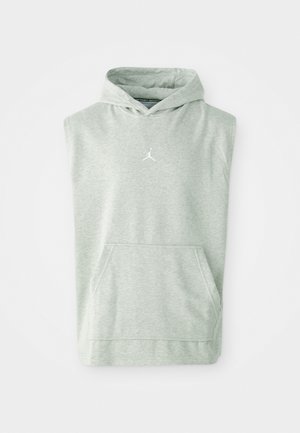 Ærmeløs grå hættetrøje lavet af blødt materiale med en frontlomme og et lille hvidt Jumpman-logo på brystet.