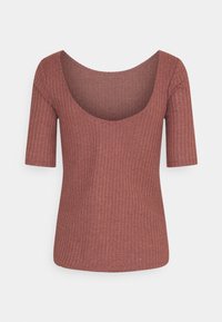 Ruskea ribbed t-paita, jossa on pyöreä kaula-aukko, lyhyet hihat ja suorat linjat. Valmistettu pehmeästä kankaasta, jossa on teksturoitu pinta.