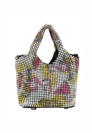 Borsa multicolore coperta di strass, con una forma arrotondata, due manici corti e un interno in tessuto nero con motivi colorati.