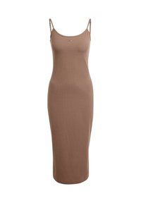 Abito aderente marrone realizzato in tessuto a costine, dotato di spalline regolabili e lunghezza fino a metà polpaccio. Dettaglio del logo discreto sul petto.