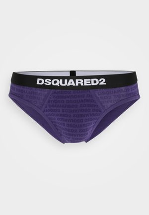 Caleçons pour hommes violets avec une taille noire comportant le texte répété "DSQUARED2" en blanc. Fabriqués en matériau doux et extensible.