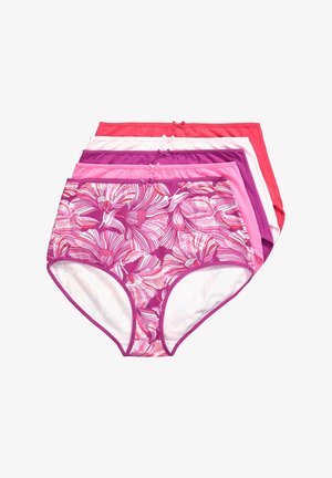 Vijf dames katoenen slips met hoge taille gestapeld, met effen roze, rood, wit en een met roze bloemenpatroon en kleine strikjes op de taillebanden.