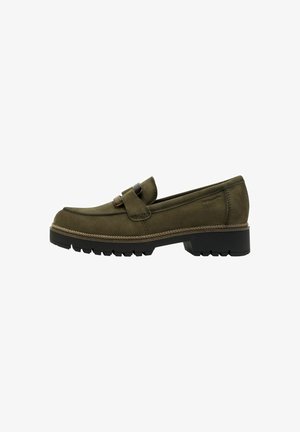 Olive green suede loafer with a rounded toe, slip-on design, and a decorative strap with hardware detail. Sturdy, patterned rubber sole.