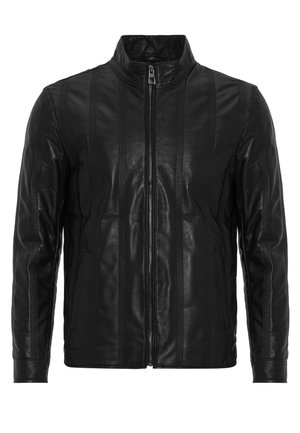 Veste en cuir noire avec des rayures verticales cousues, fermeture éclair à l'avant, deux poches latérales et col montant.