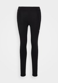 Svarta sportiga leggings med hög midja, slät textur och ergonomiska sömmar för förbättrad passform och komfort.