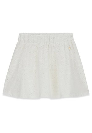 Gonna bianca in cotone con ricamo a fori, vita elastica e piccolo emblema dorato sul lato superiore destro.