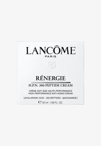 Lancôme Rénergie H.P.N. 300-Peptidkremens emballasje har en hvit bakgrunn med svart tekst; inkluderer produktdetaljer og blomsterornamenter.