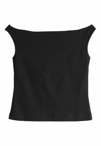 Czarny top bez ramiączek, dopasowany fason, wykonany z miękkiego materiału, charakteryzujący się gładką fakturą, o średniej długości i bez widocznych elementów metalowych.