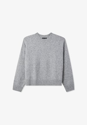 Maglione girocollo grigio chiaro a maglia con maniche lunghe e polsini e bordo a costine, taglia XL.