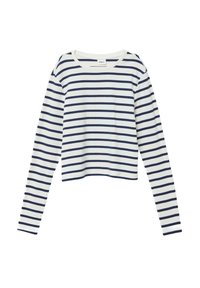 Weißes Langarmoberteil mit navyblauen horizontalen Streifen, geripptem Textil, Rundhalsausschnitt und verkürztem Saum, das ein einfaches, legères Design aufweist.